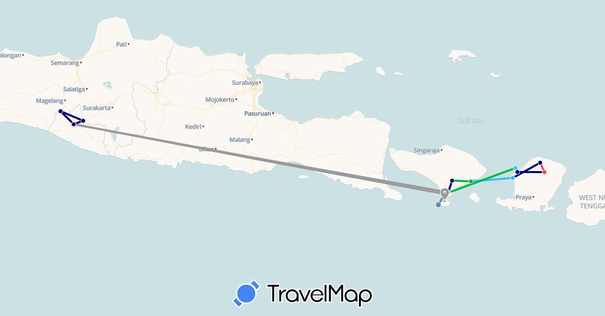 TravelMap itinerary: driving, bus, plane, cycling, hiking, boat in Indonesia (Asia)